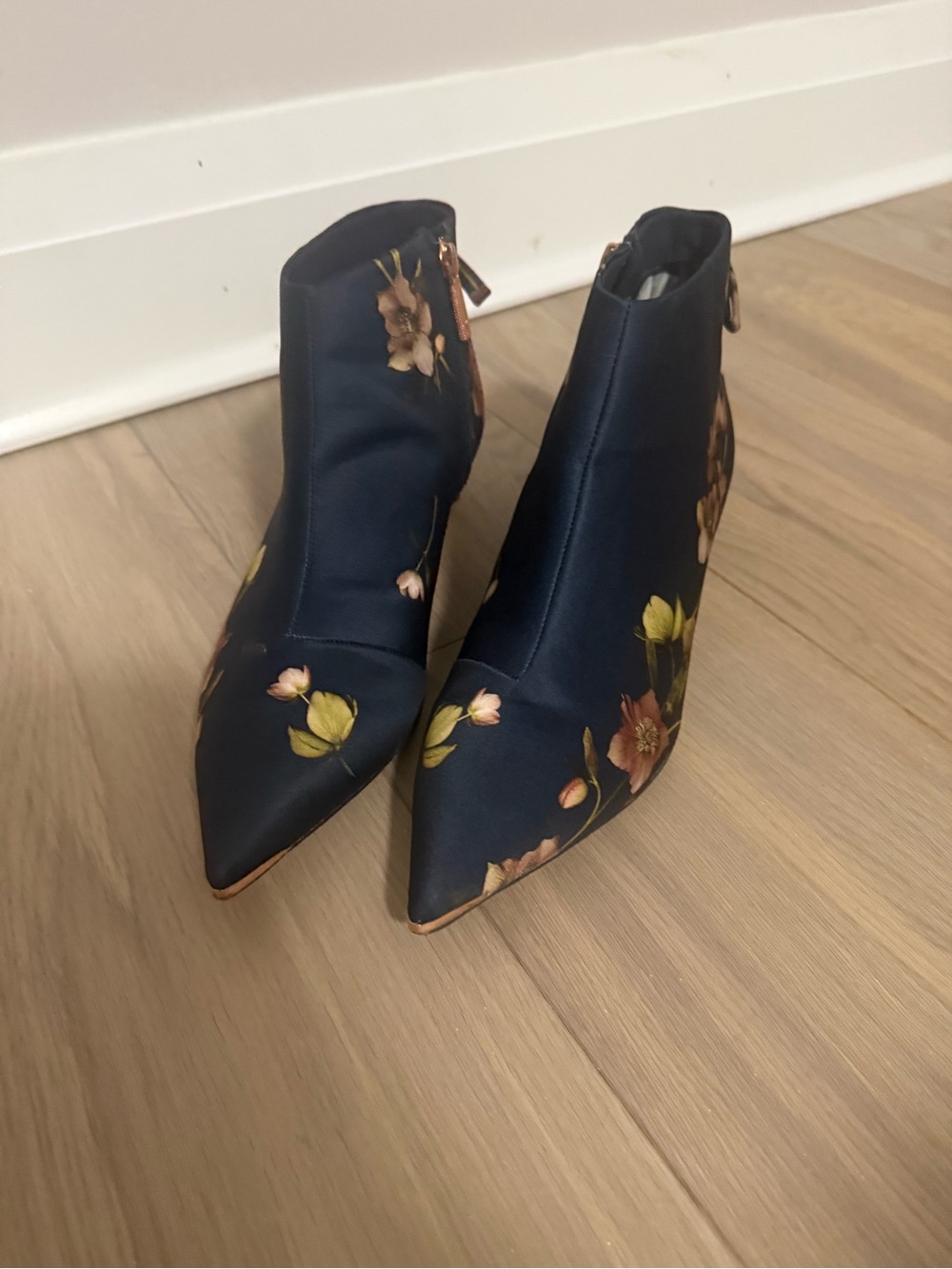 Ted Baker Navy Floral Pointed Toe Ankle Booties